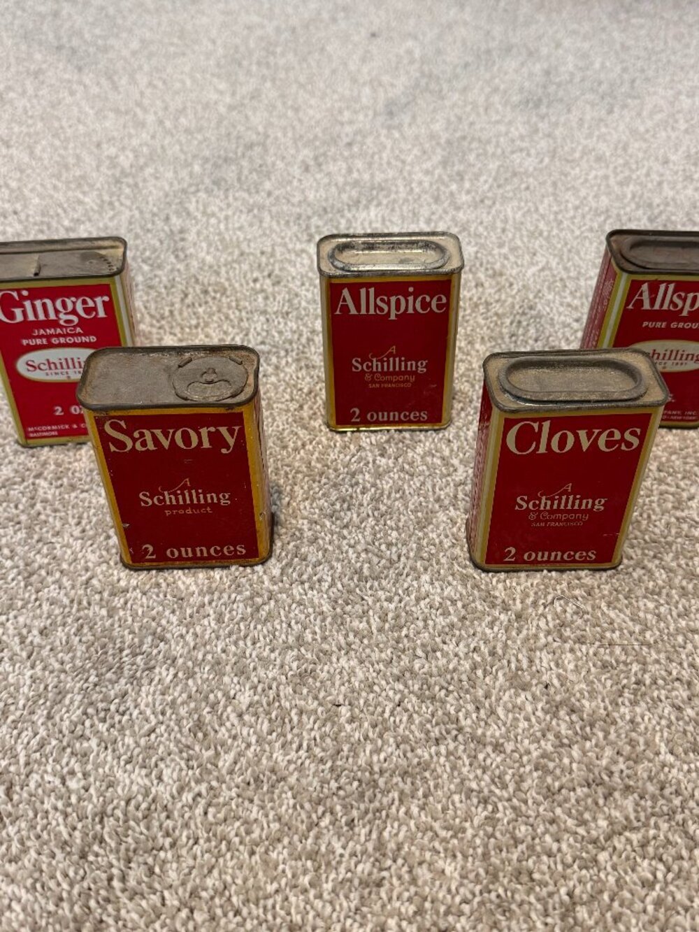 Vintage Schilling Spice Tins Lot 2oz Ginger Cloves Allspice Retro kitchen